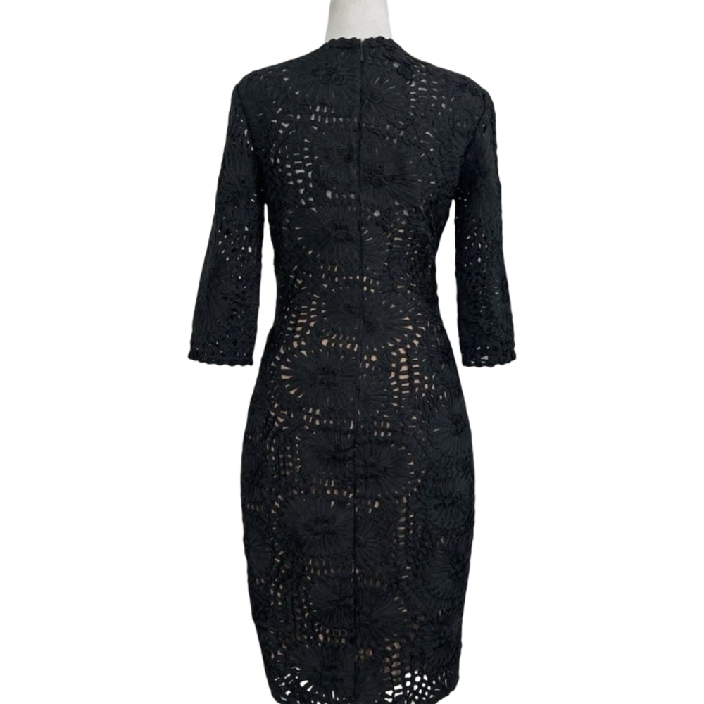 Jovani Black Lace Cocktail Dress Size 10 - 3/4 Sleeve V-Neck Fitted - Picture 4 of 12